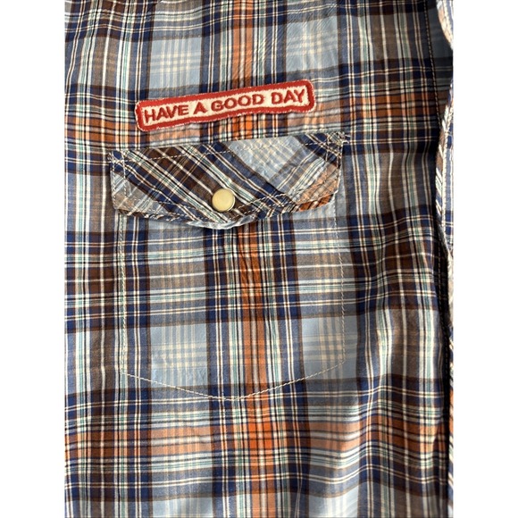 Just A Cheap Shirt Mens XXL Blue Orange Plaid Short‎ Sleeve Pearl Snap Patches - Picture 3 of 7